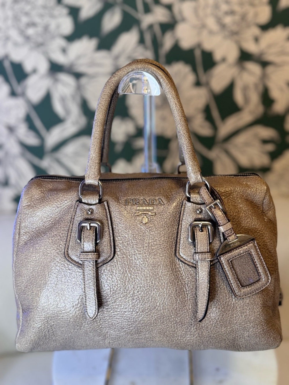 Prada Authentic Metallic Taupe Leather Satchel EUC with Auth Cards & COA - Picture 3 of 15